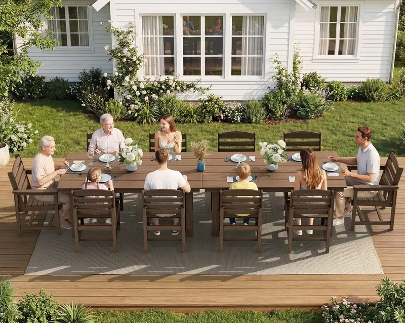 SERWALL 7-Piece HDPE Outdoor Dining Set – Weather-Resistant Patio Table with Umbrella Hole + 6 Stackable Chairs (Blue)