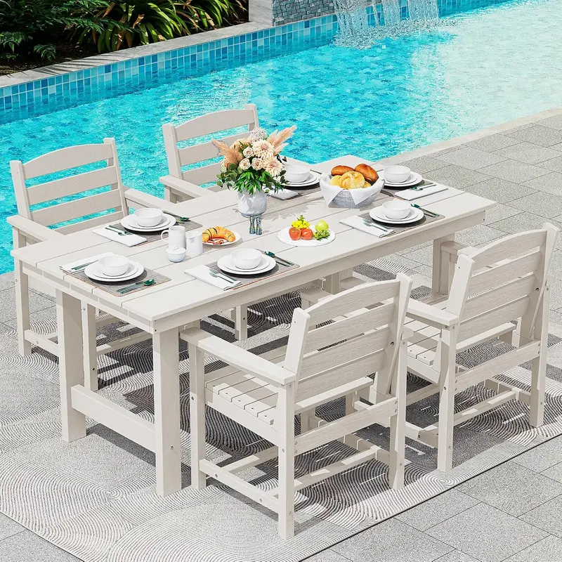 SERWALL 7-Piece HDPE Outdoor Dining Set – Weather-Resistant Patio Table with Umbrella Hole + 6 Stackable Chairs (Blue)