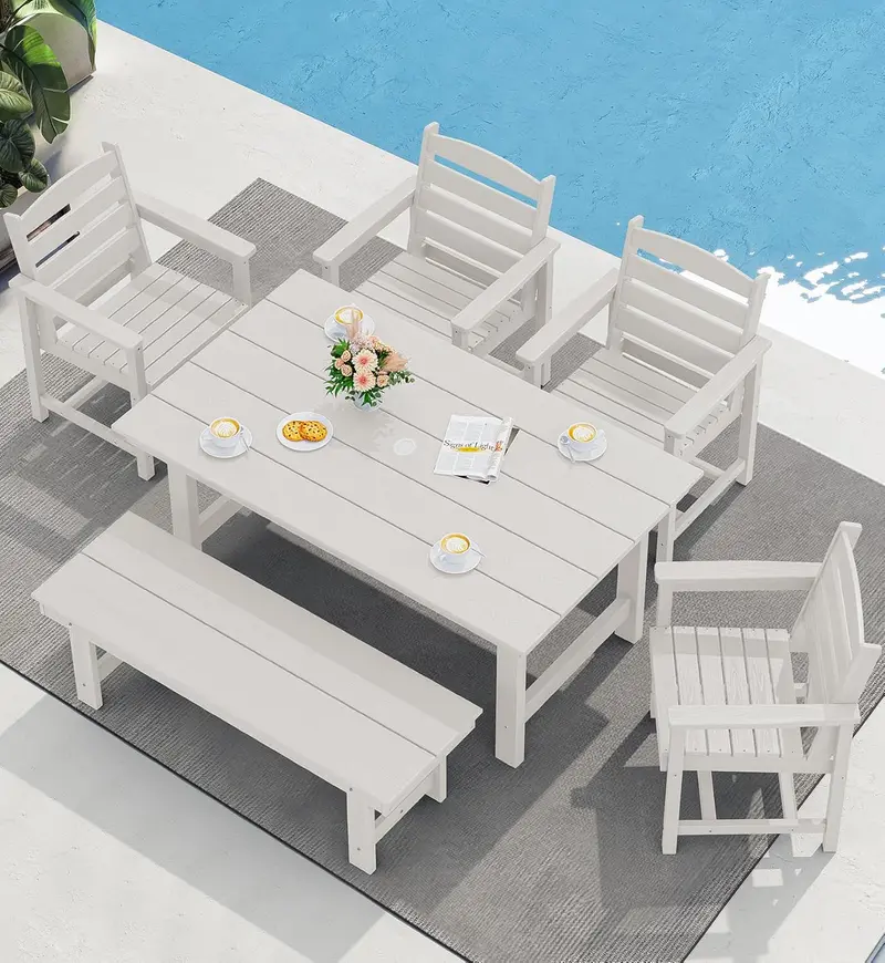 SERWALL 7-Piece HDPE Outdoor Dining Set – Weather-Resistant Patio Table with Umbrella Hole + 6 Stackable Chairs (Blue)
