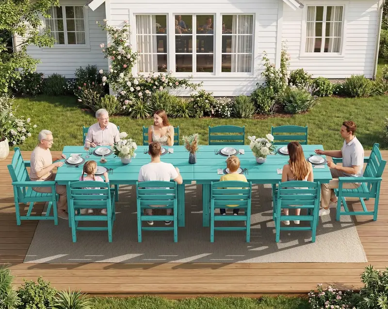 SERWALL 7-Piece HDPE Outdoor Dining Set – Weather-Resistant Patio Table with Umbrella Hole + 6 Stackable Chairs (Blue)