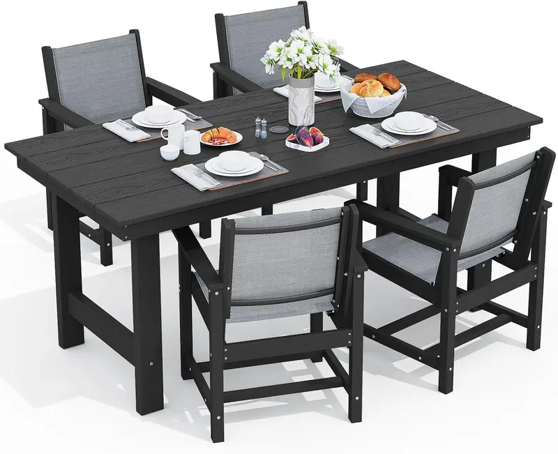 SERWALL 7-Piece HDPE Outdoor Dining Set – Weather-Resistant Patio Table with Umbrella Hole + 6 Stackable Chairs (Blue)