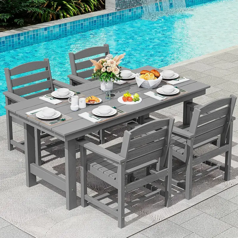 SERWALL 7-Piece HDPE Outdoor Dining Set – Weather-Resistant Patio Table with Umbrella Hole + 6 Stackable Chairs (Blue)