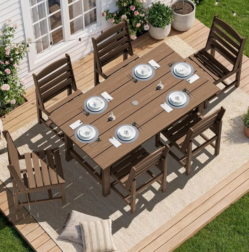 SERWALL 7-Piece HDPE Outdoor Dining Set – Weather-Resistant Patio Table with Umbrella Hole + 6 Stackable Chairs (Blue)