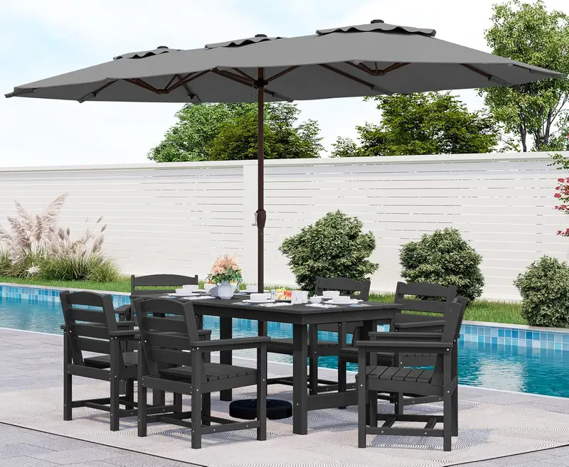SERWALL 7-Piece HDPE Outdoor Dining Set – Weather-Resistant Patio Table with Umbrella Hole + 6 Stackable Chairs (Blue)