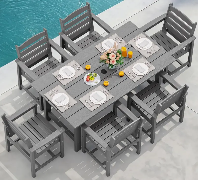 SERWALL 7-Piece HDPE Outdoor Dining Set – Weather-Resistant Patio Table with Umbrella Hole + 6 Stackable Chairs (Blue)