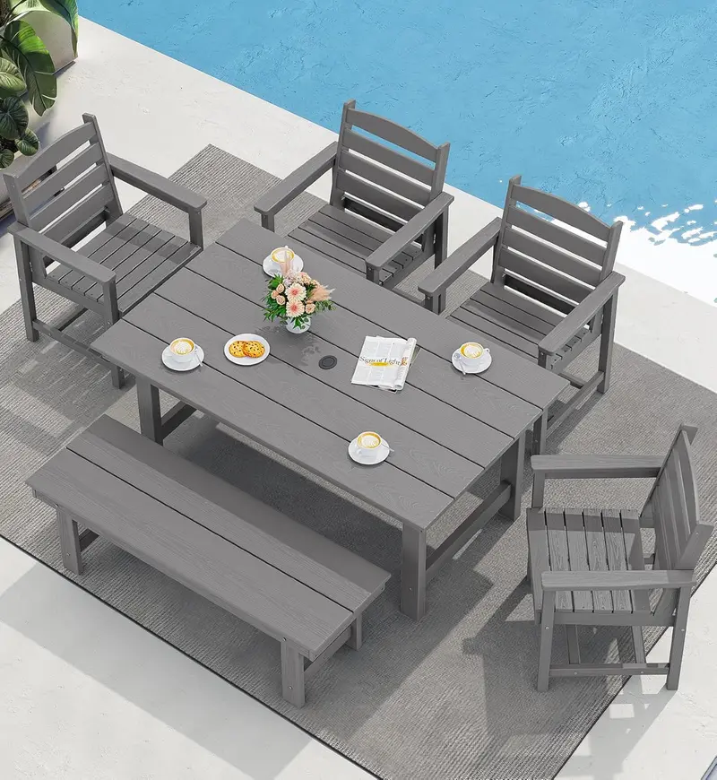 SERWALL 7-Piece HDPE Outdoor Dining Set – Weather-Resistant Patio Table with Umbrella Hole + 6 Stackable Chairs (Blue)