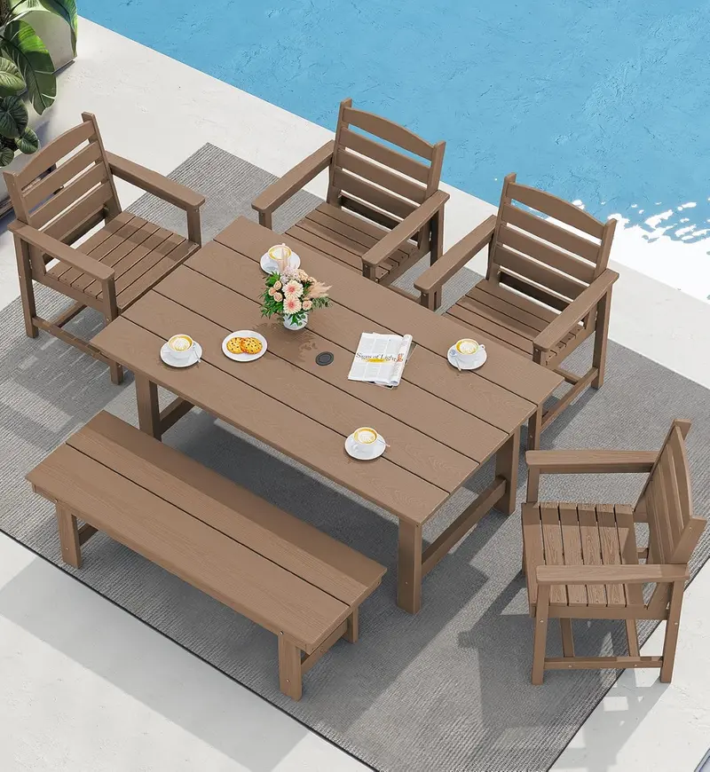 SERWALL 7-Piece HDPE Outdoor Dining Set – Weather-Resistant Patio Table with Umbrella Hole + 6 Stackable Chairs (Blue)