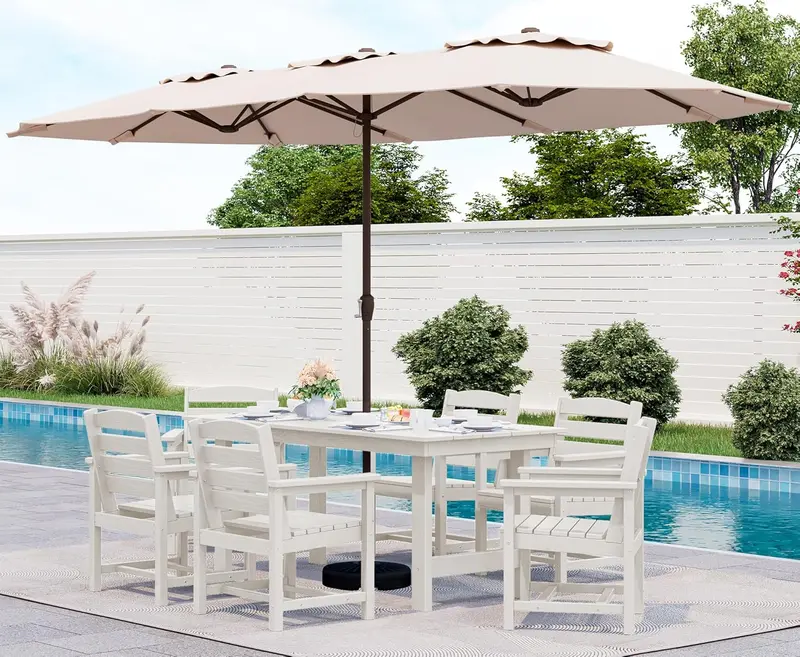SERWALL 7-Piece HDPE Outdoor Dining Set – Weather-Resistant Patio Table with Umbrella Hole + 6 Stackable Chairs (Blue)