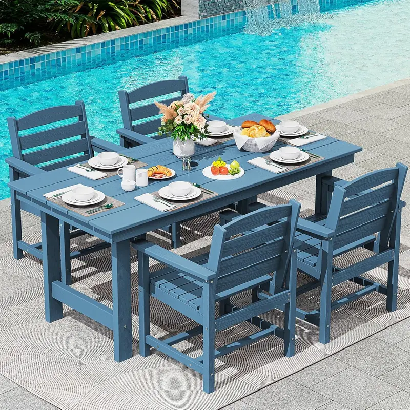 SERWALL 7-Piece HDPE Outdoor Dining Set – Weather-Resistant Patio Table with Umbrella Hole + 6 Stackable Chairs (Blue)
