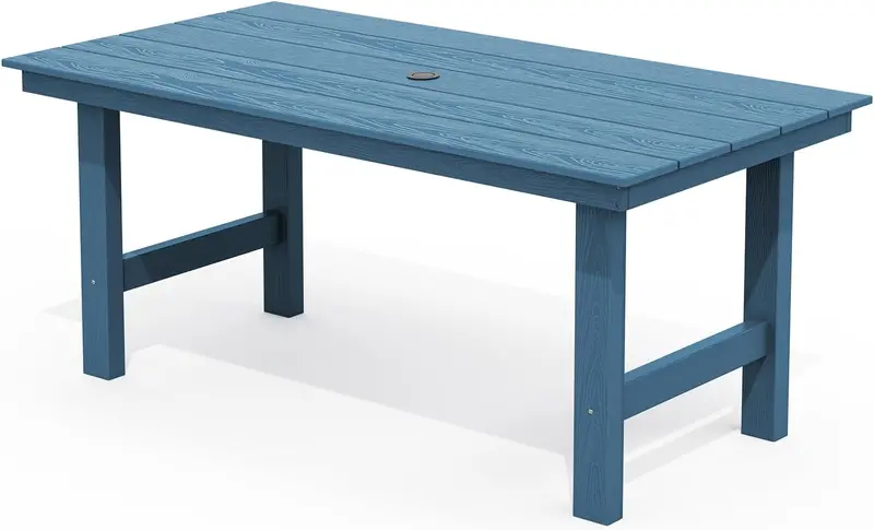 SERWALL 7-Piece HDPE Outdoor Dining Set – Weather-Resistant Patio Table with Umbrella Hole + 6 Stackable Chairs (Blue)