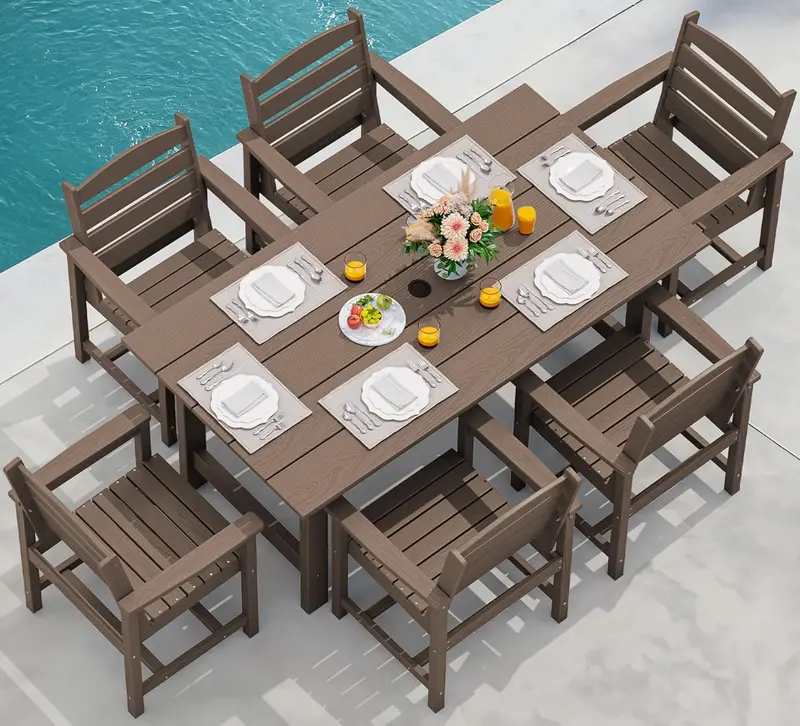 SERWALL 7-Piece HDPE Outdoor Dining Set – Weather-Resistant Patio Table with Umbrella Hole + 6 Stackable Chairs (Blue)