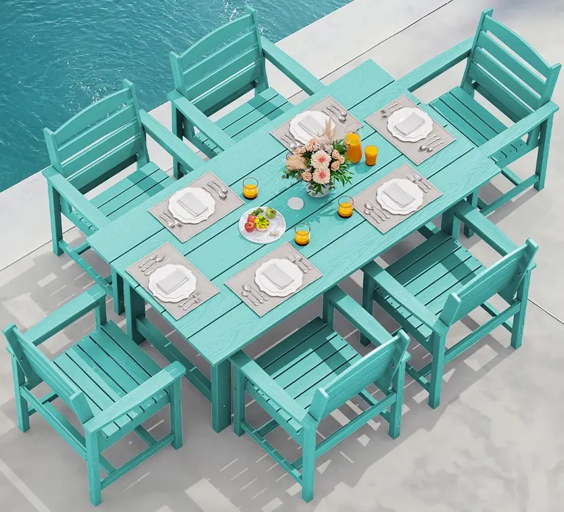 SERWALL 7-Piece HDPE Outdoor Dining Set – Weather-Resistant Patio Table with Umbrella Hole + 6 Stackable Chairs (Blue)