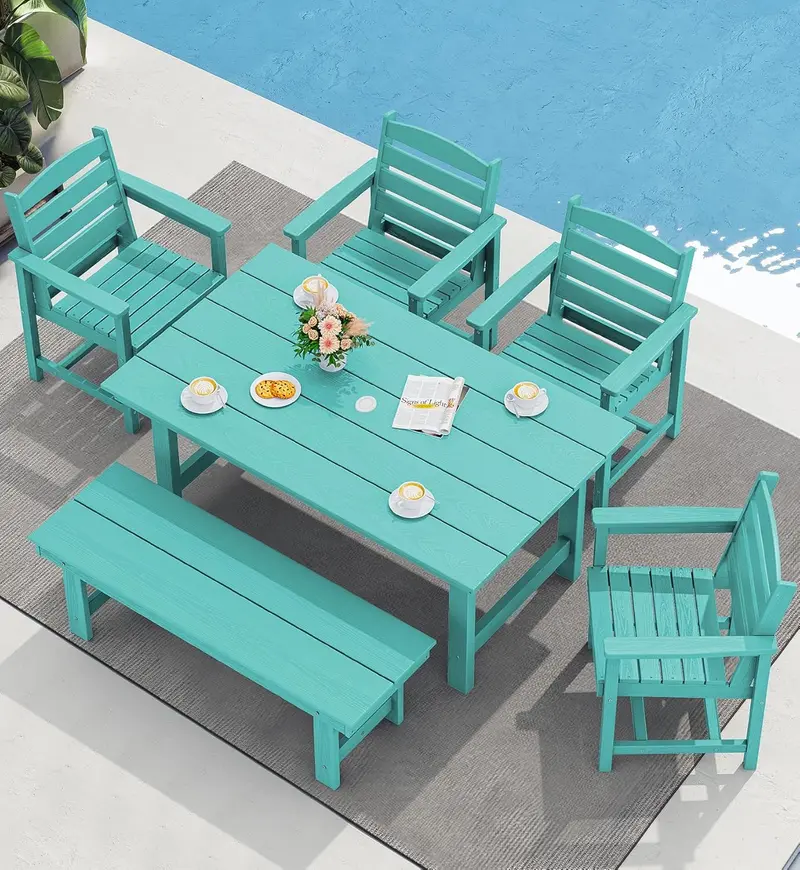 SERWALL 7-Piece HDPE Outdoor Dining Set – Weather-Resistant Patio Table with Umbrella Hole + 6 Stackable Chairs (Blue)