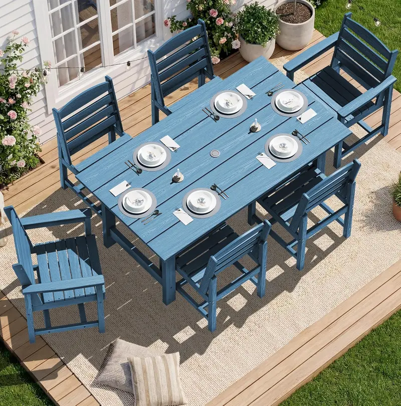 SERWALL 7-Piece HDPE Outdoor Dining Set – Weather-Resistant Patio Table with Umbrella Hole + 6 Stackable Chairs (Blue)