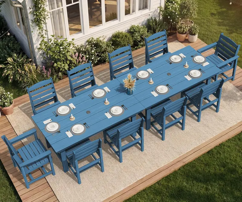 SERWALL 7-Piece HDPE Outdoor Dining Set – Weather-Resistant Patio Table with Umbrella Hole + 6 Stackable Chairs (Blue)