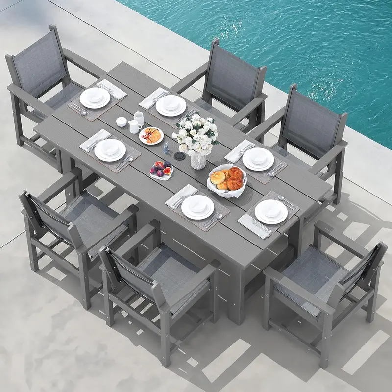 SERWALL 7-Piece HDPE Outdoor Dining Set – Weather-Resistant Patio Table with Umbrella Hole + 6 Stackable Chairs (Blue)