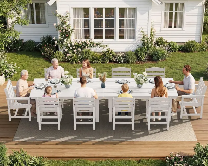 SERWALL 7-Piece HDPE Outdoor Dining Set – Weather-Resistant Patio Table with Umbrella Hole + 6 Stackable Chairs (Blue)