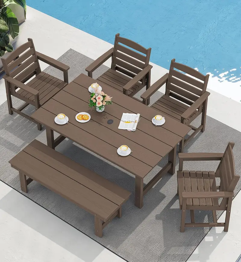 SERWALL 7-Piece HDPE Outdoor Dining Set – Weather-Resistant Patio Table with Umbrella Hole + 6 Stackable Chairs (Blue)