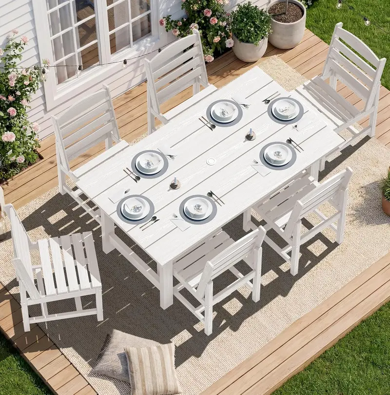 SERWALL 7-Piece HDPE Outdoor Dining Set – Weather-Resistant Patio Table with Umbrella Hole + 6 Stackable Chairs (Blue)