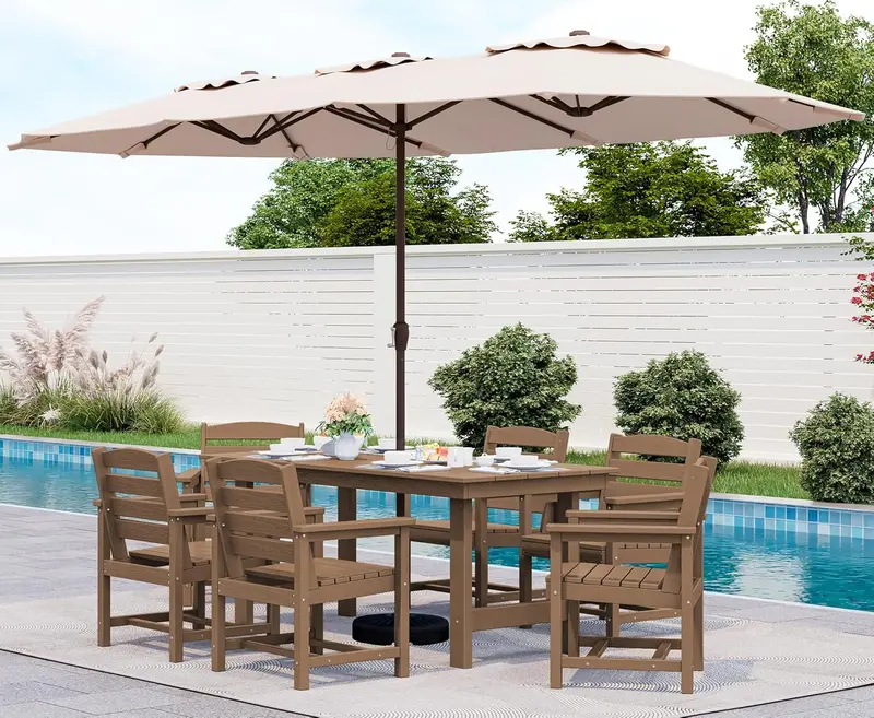 SERWALL 7-Piece HDPE Outdoor Dining Set – Weather-Resistant Patio Table with Umbrella Hole + 6 Stackable Chairs (Blue)