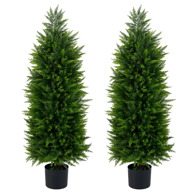 Set of 2 Artificial Cedar Cypress Plants in Cement-Filled Pots (4 FT Tall)