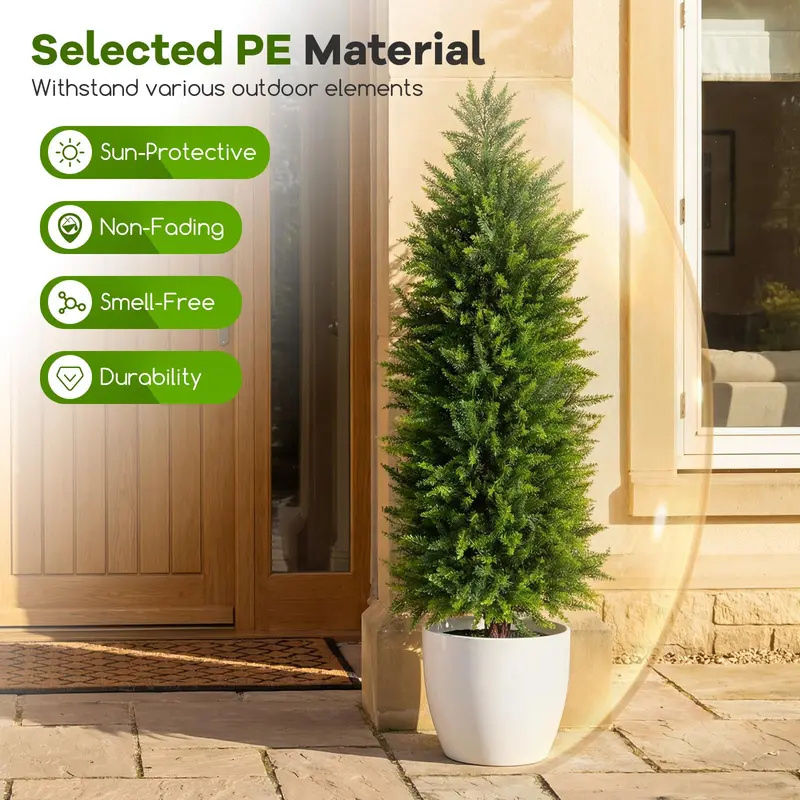 Set of 2 Artificial Cedar Cypress Plants in Cement-Filled Pots (4 FT Tall) 2
