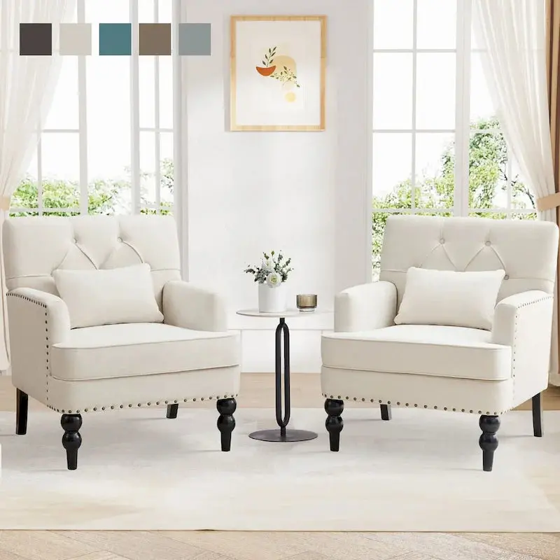 Set of 2 Button-Tufted Accent Armchairs – Upholstered Swivel Chairs with Lumbar Support Pillows