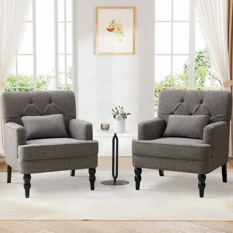 Set of 2 Button-Tufted Accent Armchairs – Upholstered Swivel Chairs with Lumbar Support Pillows 2