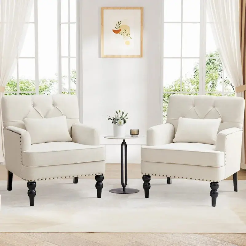 Set of 2 Button-Tufted Accent Armchairs – Upholstered Swivel Chairs with Lumbar Support Pillows
