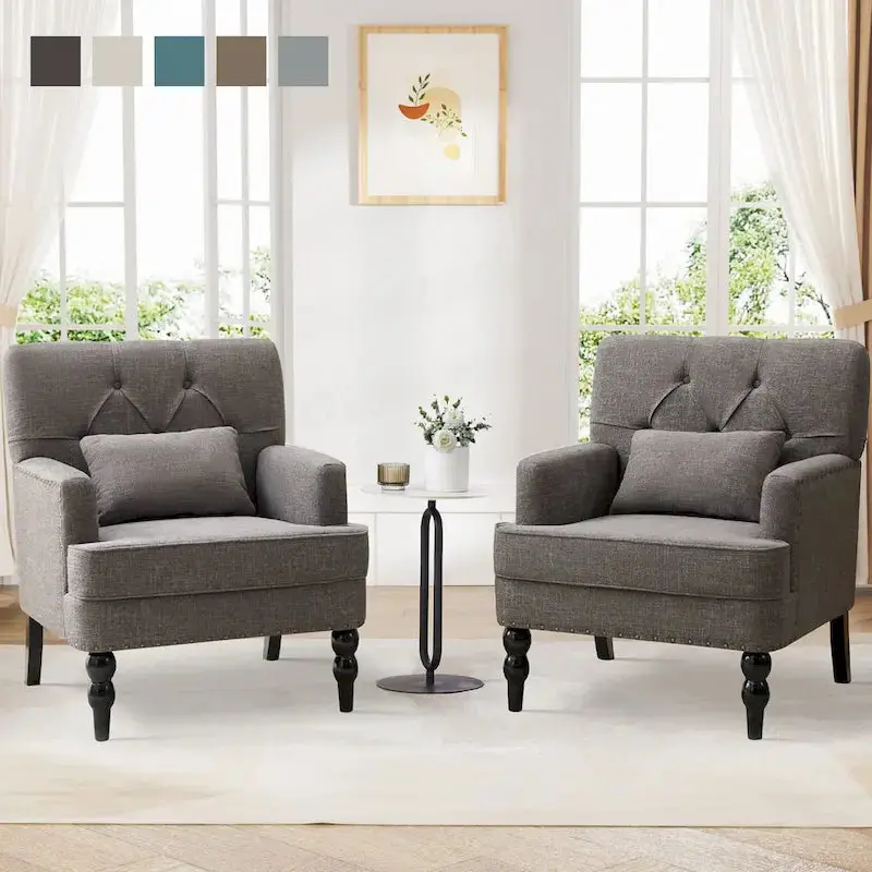 Set of 2 Button-Tufted Accent Armchairs – Upholstered Swivel Chairs with Lumbar Support Pillows