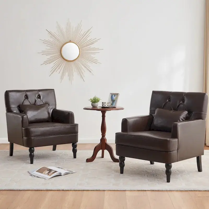 Set of 2 Button-Tufted Accent Armchairs – Upholstered Swivel Chairs with Lumbar Support Pillows