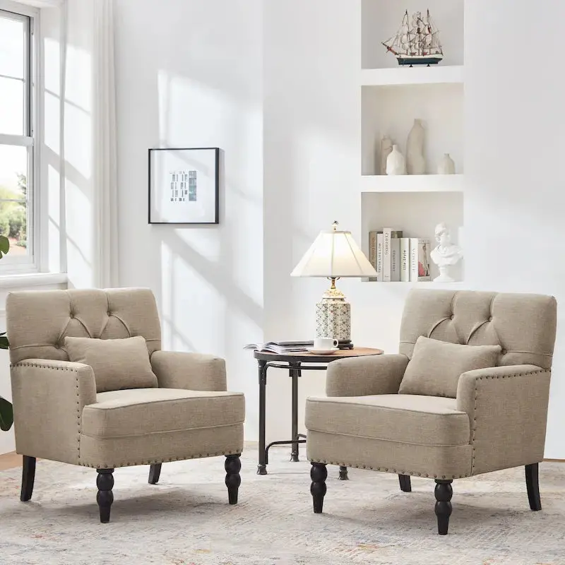 Set of 2 Button-Tufted Accent Armchairs – Upholstered Swivel Chairs with Lumbar Support Pillows
