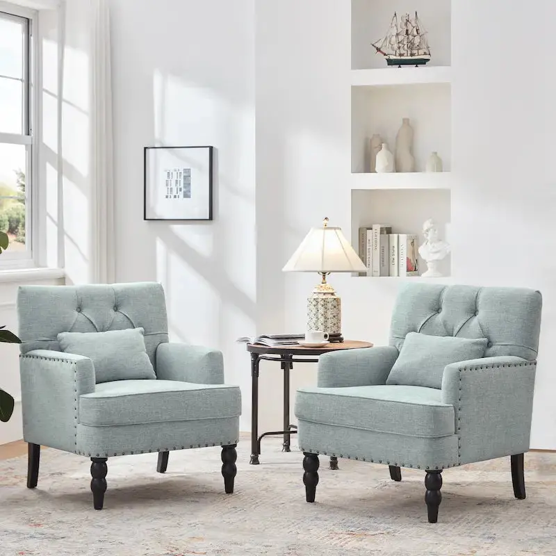 Set of 2 Button-Tufted Accent Armchairs – Upholstered Swivel Chairs with Lumbar Support Pillows
