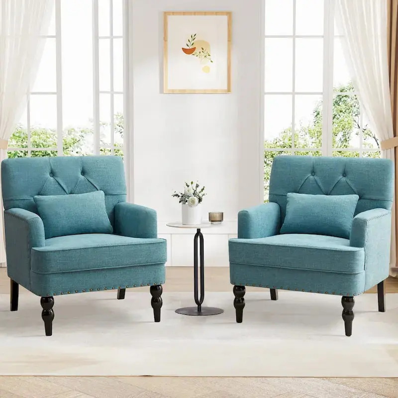 Set of 2 Button-Tufted Accent Armchairs – Upholstered Swivel Chairs with Lumbar Support Pillows