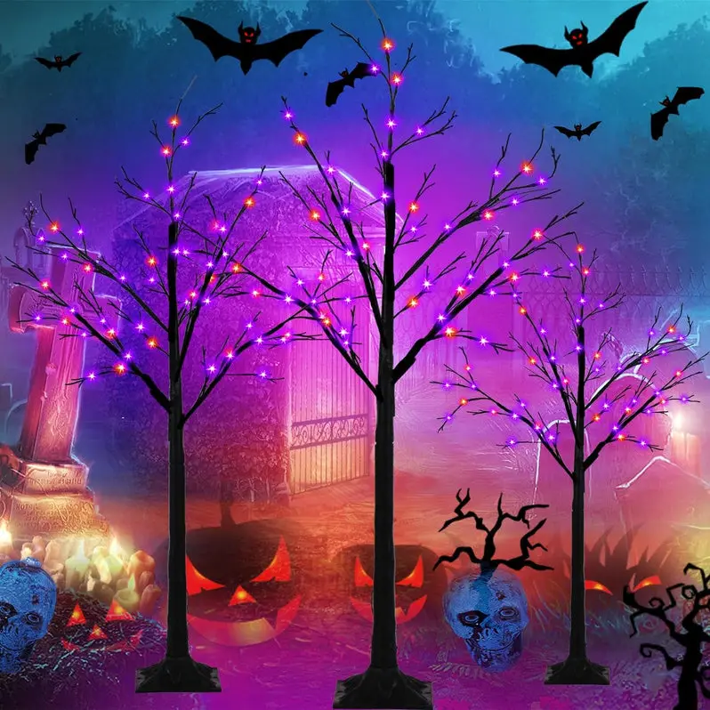 Set of 3 Glow-in-the-Dark Halloween Birch Trees – 96 Total LED Lights