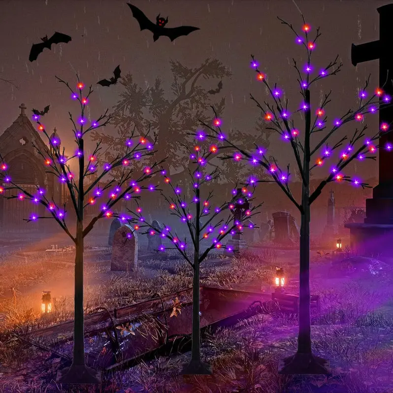 Set of 3 Glow-in-the-Dark Halloween Birch Trees – 96 Total LED Lights