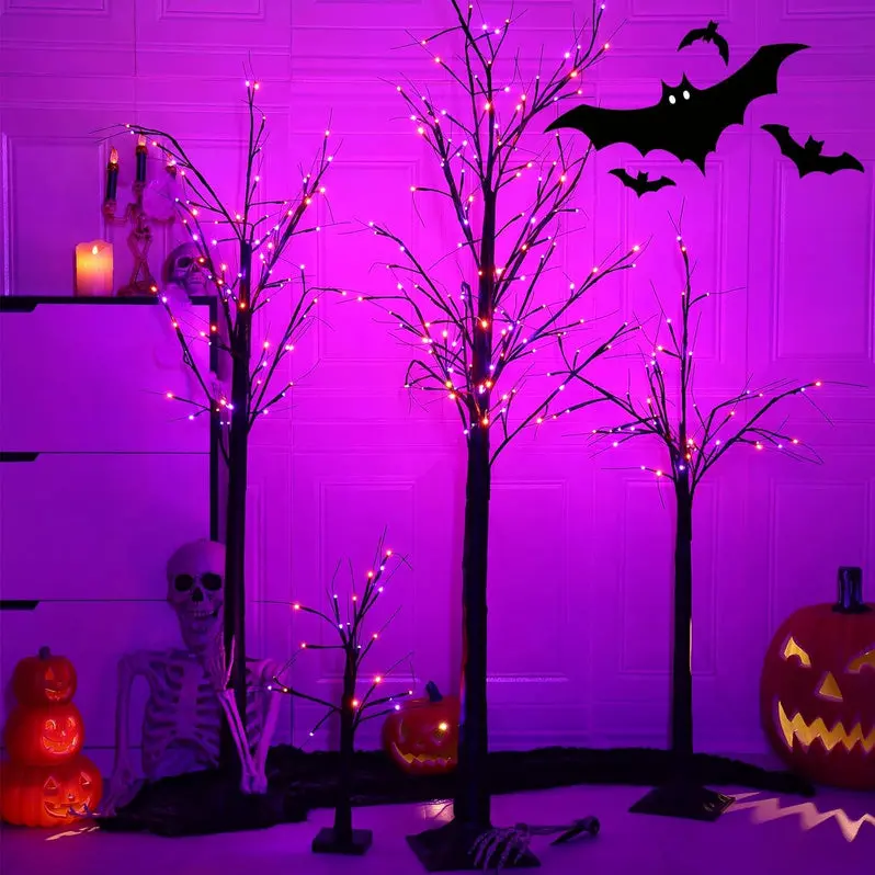 Set of 3 Glow-in-the-Dark Halloween Birch Trees – 96 Total LED Lights