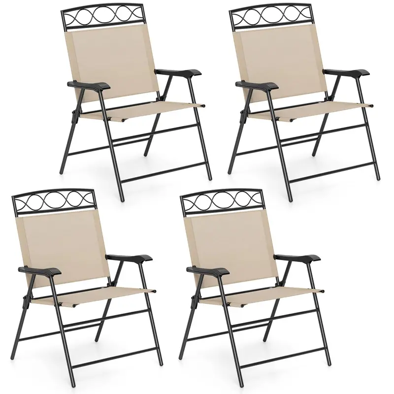 Set of 4 Foldable Outdoor Patio Chairs – Powder-Coated Metal Frame, Armrests & Contoured Back Support