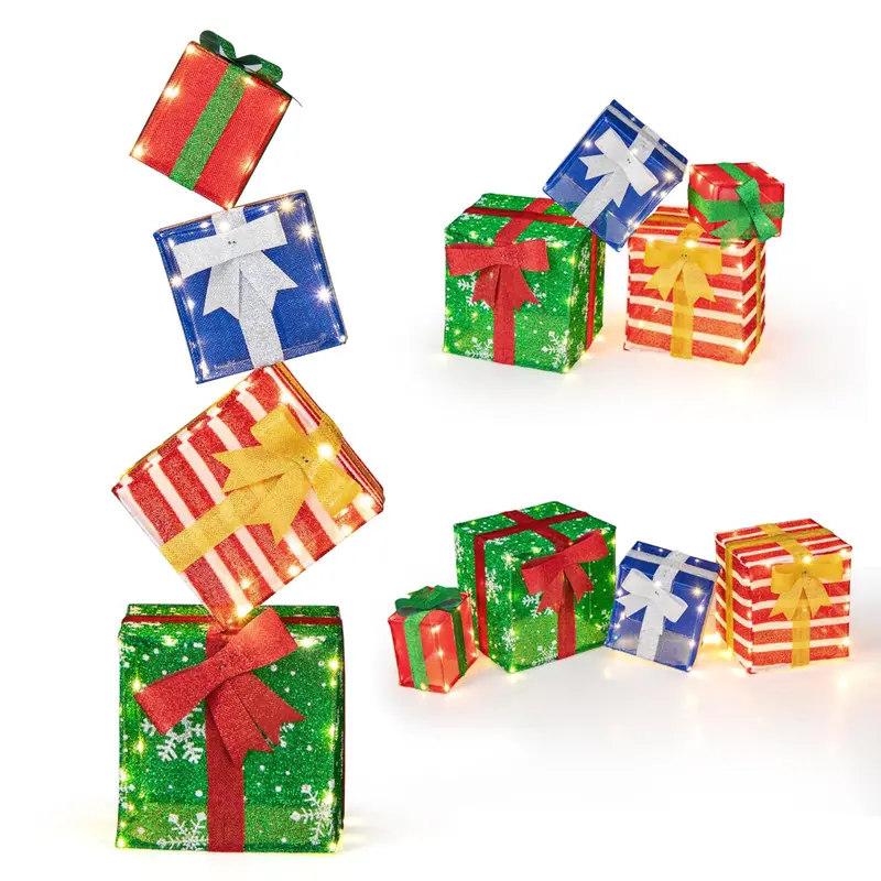 Set of 4 Stackable Pre-Lit Gift Box Decorations with Warm White LEDs & Integrated Ribbons