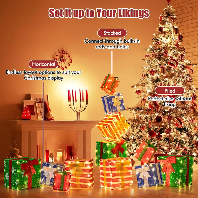 Set of 4 Stackable Pre-Lit Gift Box Decorations with Warm White LEDs & Integrated Ribbons 2