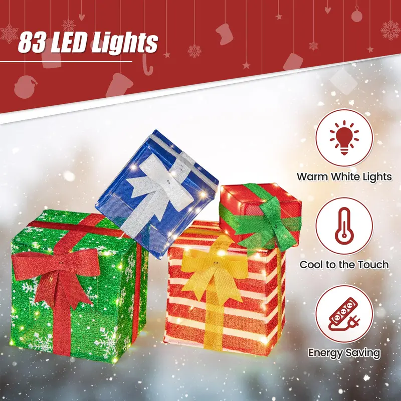 Set of 4 Stackable Pre-Lit Gift Box Decorations with Warm White LEDs & Integrated Ribbons
