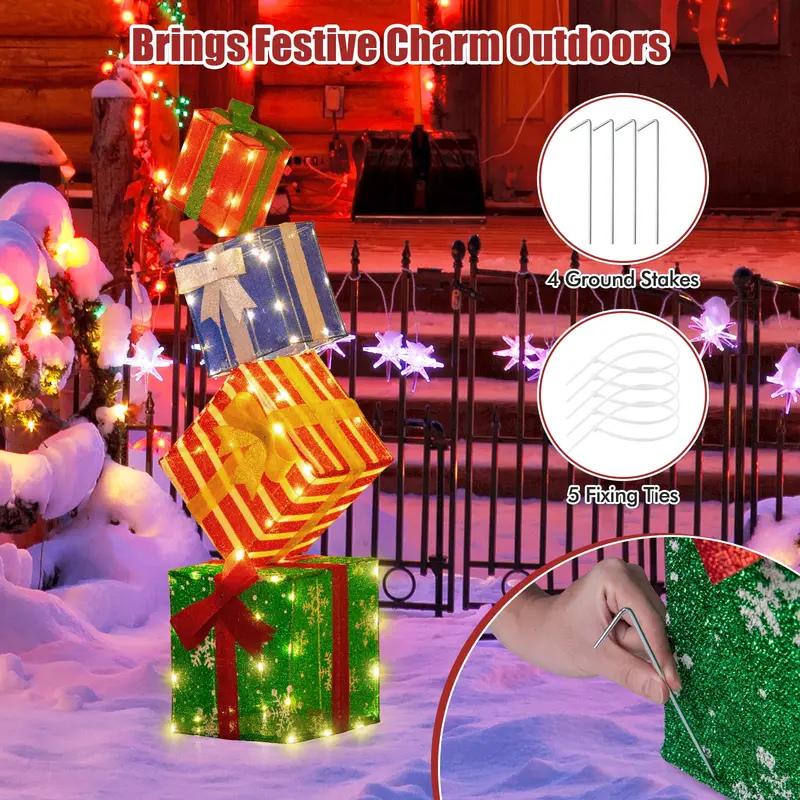 Set of 4 Stackable Pre-Lit Gift Box Decorations with Warm White LEDs & Integrated Ribbons