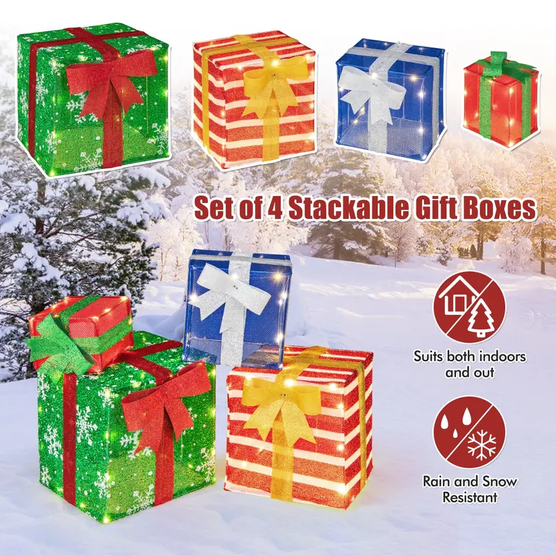 Set of 4 Stackable Pre-Lit Gift Box Decorations with Warm White LEDs & Integrated Ribbons