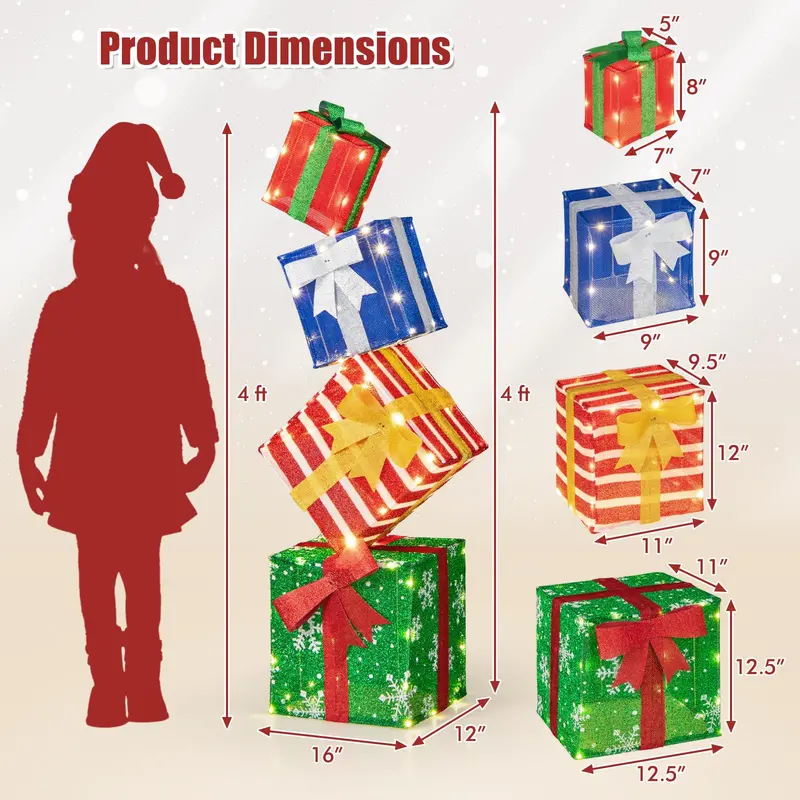 Set of 4 Stackable Pre-Lit Gift Box Decorations with Warm White LEDs & Integrated Ribbons
