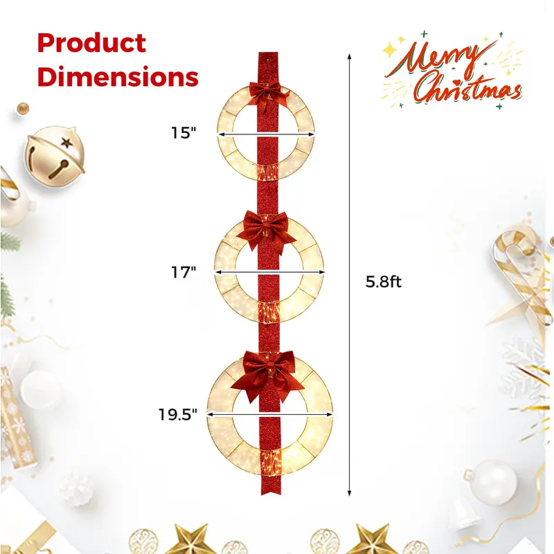 Set of Three 5.8-Foot Lighted Holiday Wreaths with 450 LEDs and Elegant Red Ribbon Accents