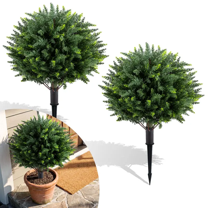 Set of Two 27.5-Inch Artificial Cypress Topiaries – UV-Resistant Patio & Porch Decor