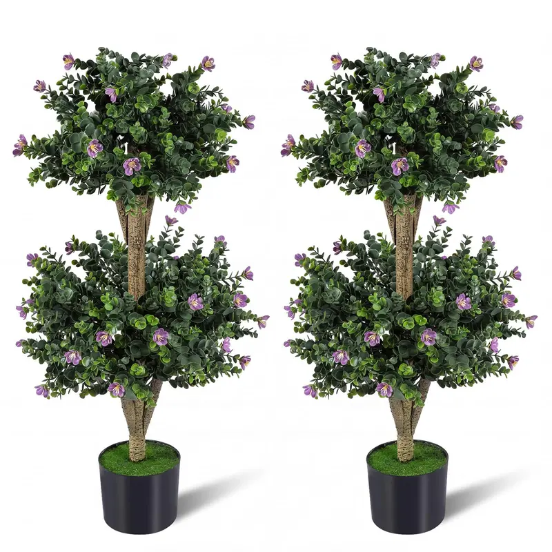 Set of Two 3-Foot Double-Ball Boxwood Topiaries for Porch or Entryway Decoration
