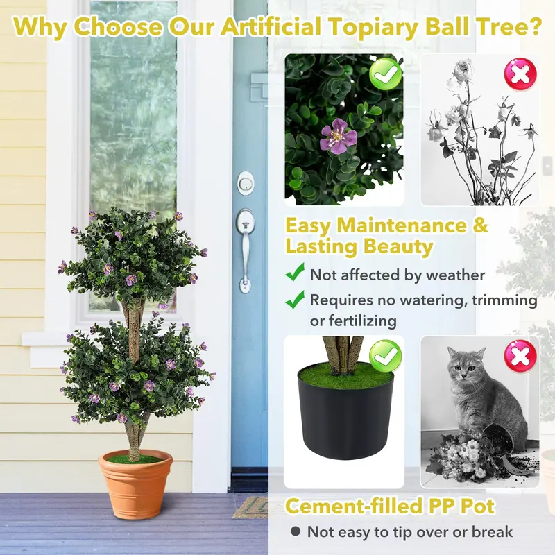 Set of Two 3-Foot Double-Ball Boxwood Topiaries for Porch or Entryway Decoration
