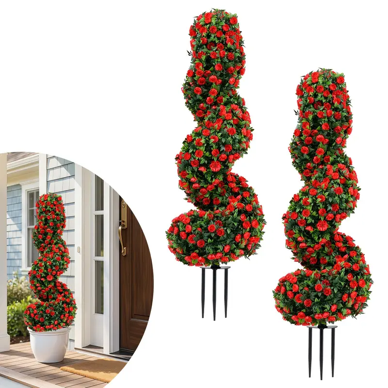 Set of Two 3-Foot Realistic Fake Rose Bushes – UV-Protected Outdoor Faux Plants with Ground Spikes