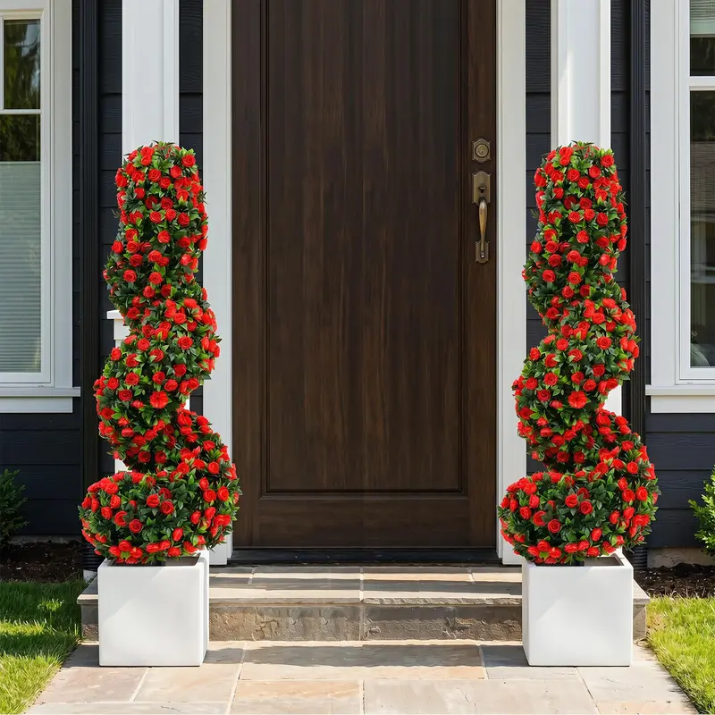 Set of Two 3-Foot Realistic Fake Rose Bushes – UV-Protected Outdoor Faux Plants with Ground Spikes 2